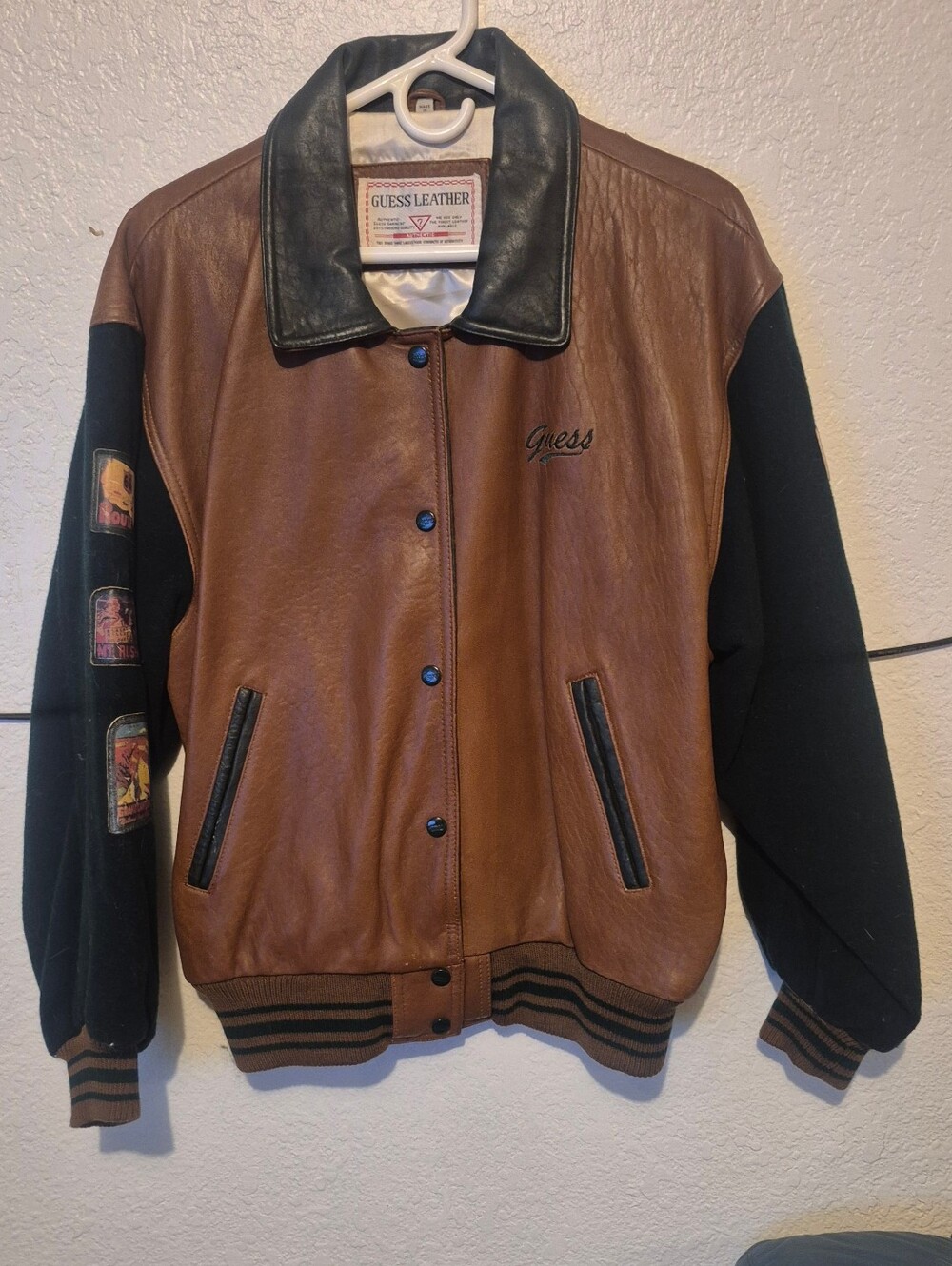 90s GUESS USA Genuine Leather Varsity Jacket Patch Sleeve Bomber Men’s M
